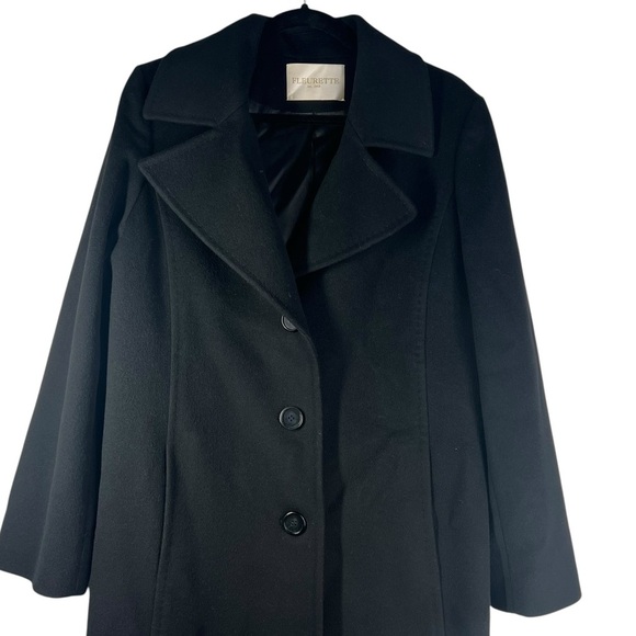 FLEURETTE Black Loro Piana Wool Long 3 Button Women's Coat Size 12 Made in USA - Picture 2 of 11